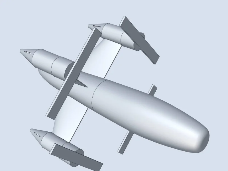 The quadcopter assembly from a three-quarter view above: a teardrop fuselage, four wings, four nacelles